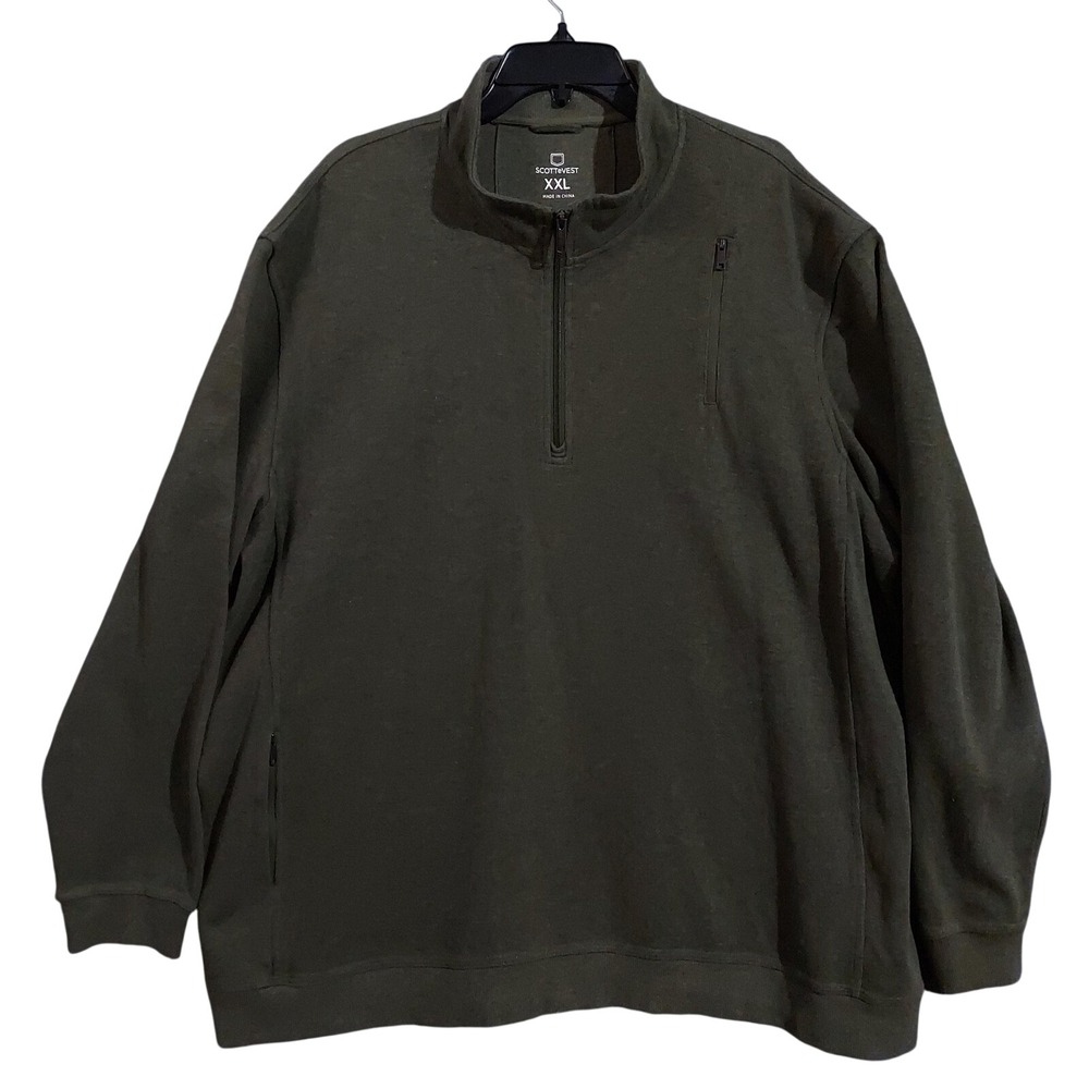 SCOTTeVEST Sweater Mens 2XL Green Cotton 1/4 Zip Mock Neck Pockets Outdoors‎ TEC